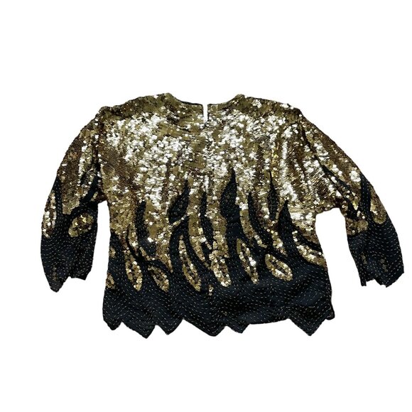 Vintage Women's Iris Silk Beaded Sequin Top Size 42 Gold Black Cocktail Going Ou - Picture 2 of 11